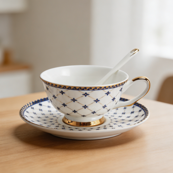 7oz Royal Blue Star-Night Porcelain Teacup and Saucer with Spoon