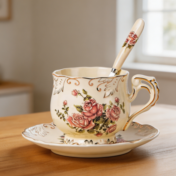 8oz Ivory Pink Rose Floral Ceramic Tea Cup and Saucer Set Gold Trim