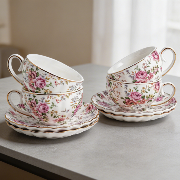 6.4oz White Floral Porcelain Tea Cup and Saucer Gold Trim