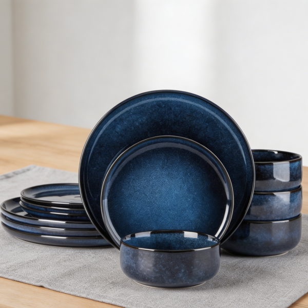 12-Piece Deep Sea Blue Reactive Glaze Stoneware Dinnerware Set for 4