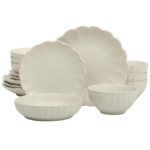 16-Piece Cream White Scallop Reactive Glaze Stoneware Dinnerware Set for 4