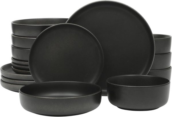 16-Piece Black Double Bowl Reactive Glaze Stoneware Dinnerware Set for 4