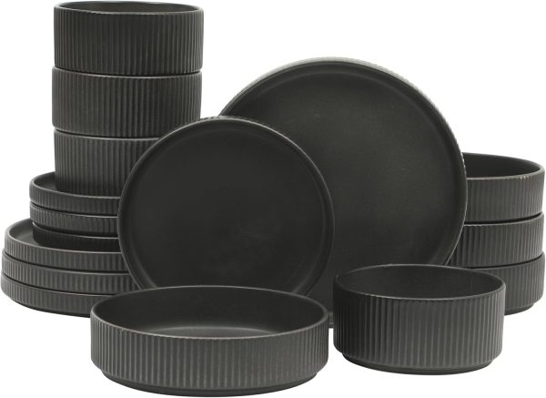 16-Piece Matte Black Reactive Glaze Stoneware Dinnerware Set for 4 Stackable