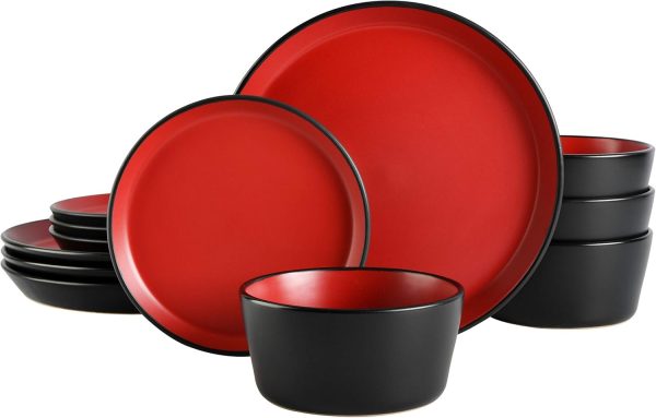 12-Piece Matte Red Coupe Stoneware Dinnerware Set for 4
