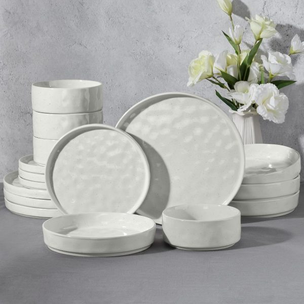 16-Piece Ribbed Speckled White Stoneware Dinnerware Set with Pasta Bowls for 4