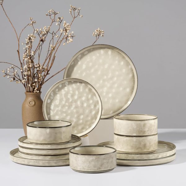 12-Piece Saturn Khaki Stoneware Dinnerware Set for 4 Chip Resistant