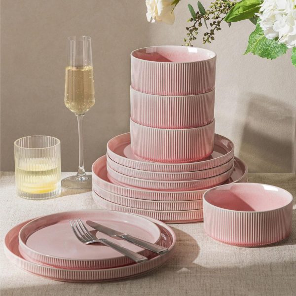 12-Piece Blush Veil Ribbed Stoneware Dinnerware Set for 4