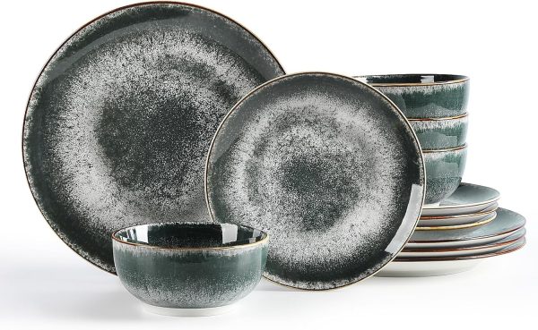 12-Piece Dark Green Porcelain Dinnerware Set for 4 Chip Resistant