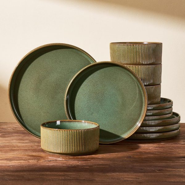 12-Piece Moss Double Reactive Glaze Stoneware Dinnerware Set for 4